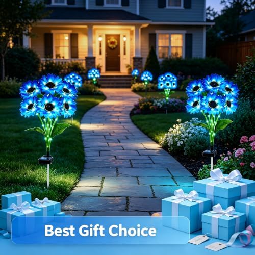 Solar Sunflower Lights Outdoor Garden Decor, 4 Pack Solar Blue Flowers Lights with 24 Sunflowers, Waterproof Fall Decor Stake Decorative Light Auto ON/Off for Garden Yard Patio, Gift for Women - Image 7