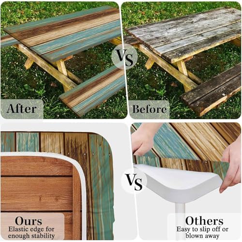 CAPSCEOLL Picnic Table Cover with Bench Covers 5ft - Blue Brown Wood - Image 6
