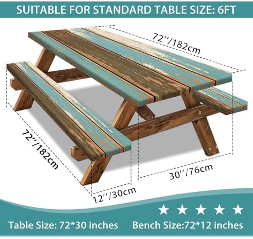 Picnic Table Cover with Bench Covers, Camping Essentials, Farmhouse Wood Green Waterproof Windproof Table Cover, Fitted Tablecloth Cover with Elastic Edge, for Indoor & Outdoor, 3 PCS, 30x72 Inch - Image 3