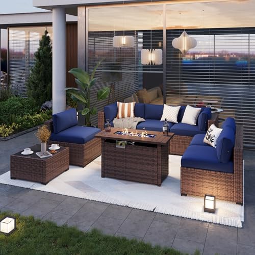 Aoxun Patio Furniture Sets, 8-Piece Outdoor Patio Furniture with 44'' Propane Gas Firepit Table, Wicker Outdoor Conversation Set Sectional Sofa for Backyard, Poolside, Garden - Image 2