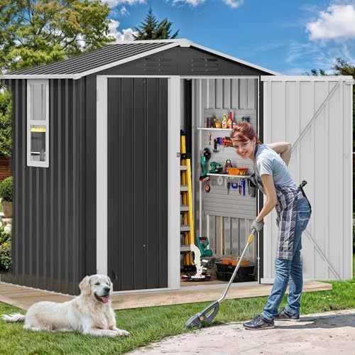 DWVO 6x4ft Large Tool Storage Shed with Window, Lockable Doors, Gray White - Image 2