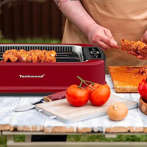 Indoor Smokeless Grill, Techwood 1500W Electric Indoor Grill with Tempered Glass Lid, Portable Non-stick Korean BBQ, Turbo Smoke Extractor Technology, Drip Tray& Double Removable Plate, Red - Image 6