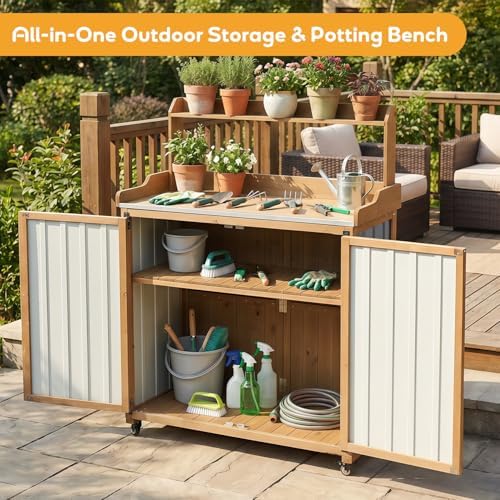PetsCosset Potting Bench with Storage, Mobile Outdoor Cabinet with Wheels - Image 2