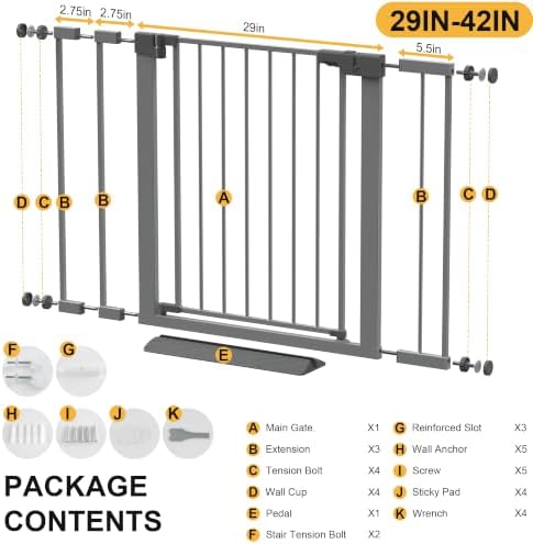 29-42 inches Metal Baby Gate for Stairs/Doorways, 30 inches Tall Pressure Mounted Pet Gates, Auto-Close Child Safety Gate, No Drilling Easy Walk-Through Dog Gate Indoor, Grey - Image 7