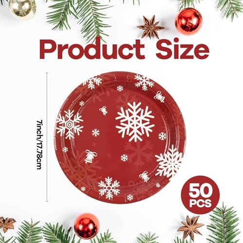 50PCS Christmas Paper Plates, 7 Inches Xmas Plates Disposable Red Snowflake Dinner Dessert Tableware Dinnerware Set for Christmas Winter Holiday Party Supplies Decorations Table Decor - Image 3