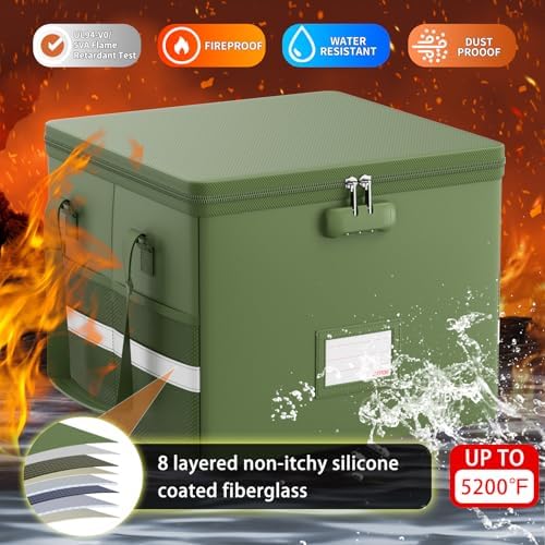 ENGPOW 5200°F File Box Fireproof Document Box with Lock,Heat Insulated Collapsible File Storage Organizer Box with Handle,Portable Home Office File Cabinet for Hanging Letter/Legal Size Folder, Green - Image 3