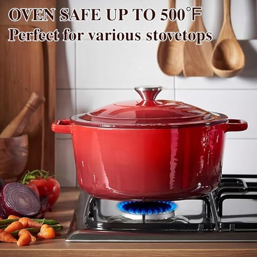 Enameled Cast Iron Dutch Oven - Umite Chef 5QT Pot with Lid & Cotton Potholders - Heavy-Duty Cookware for Bread Baking, Braising, Stews, Roasting(Red) - Image 5