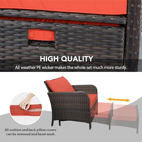 LEVELEVE Balcony Furniture 5 Piece Patio Conversation Set, PE Wicker Rattan Outdoor Lounge Chairs with Soft Cushions 2 Ottoman&Glass Table for Porch, Lawn-Brown Wicker - Image 5
