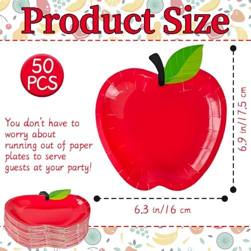 Woozettn 50 Pcs Red Apple Paper Plates Back to School Decorations,First Day of School Apple Shape Plates,Disposable Tableware Dinnerware for Preschool Graduation Party Supplies - Image 2