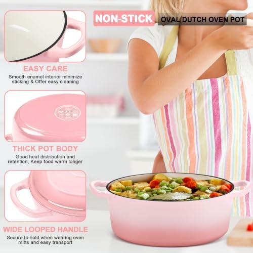 E-far 7QT Oval Dutch Oven Pot with Lid, Pink Enameled Cast Iron Dutch Oven - Image 3