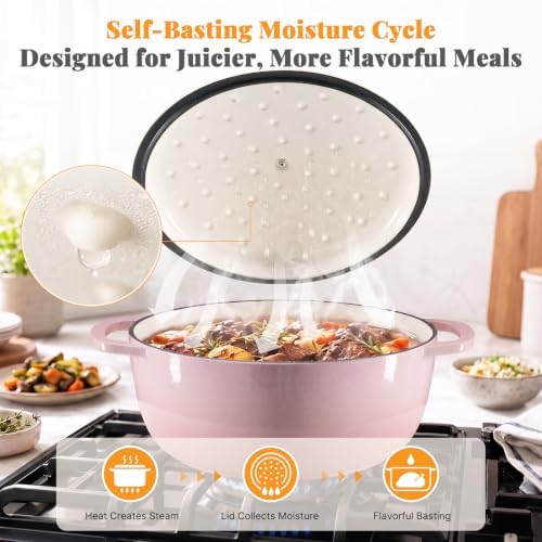 NEWBULIG Enamel Cast Iron Dutch Oven, 6 Quart Pot with Lid, Pink - Image 2