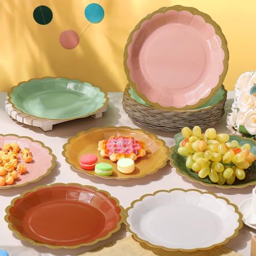 48 Pcs Colorful Paper Plates 9 Inch Boho Scalloped Paper Disposable Dinner Dessert Plates for Birthday Wedding Bridal Party Supplies, 6 Colors - Image 2