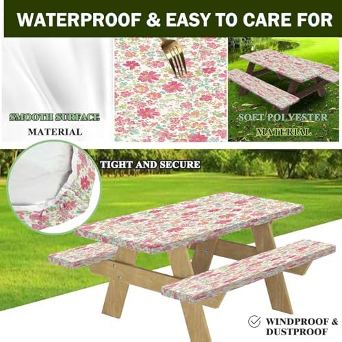 CAPSCEOLL Fitted Picnic Table Cover with Bench Covers 5ft - Pink Flowers - Image 4
