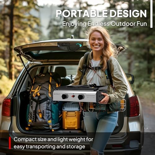 ROVSUN 2 Burner Portable Propane Griddle with Nonstick Enameled Tray, 20,000 BTU Tabletop Flat Top Gas Grill with Electronic Ignition & Regulator for Outdoor Cooking Camping BBQ Tailgating Picnicking - Image 5