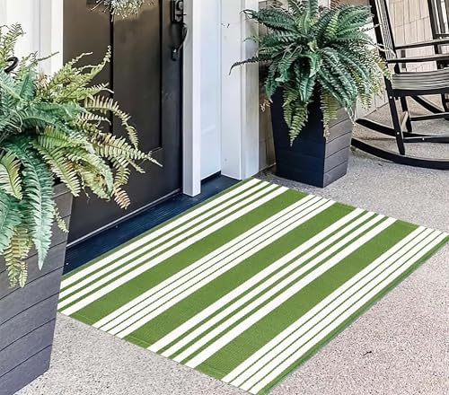 Green and White Striped Rug 24"x35"Cotton Door Mat Outdoor For Welcome Mats - Image 5