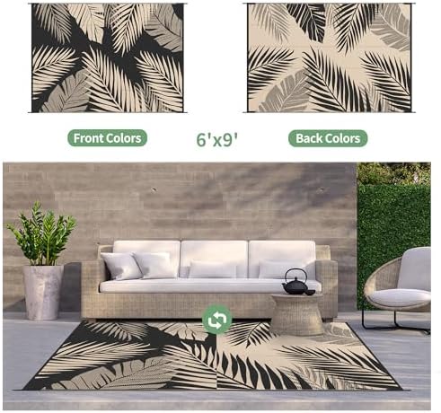 GENIMO Outdoor Rug, Waterproof Plastic Rugs for Patio, 6'x9' Black Beige - Image 2