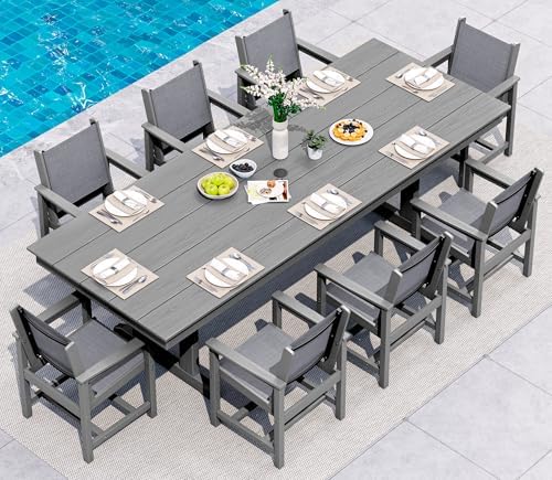 SERWALL 9Pcs HDPE Outdoor Dining Set for 8 with Sling Chairs,Gray by SERWALL