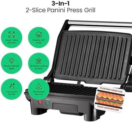 Chefman Electric Panini Press Grill, Compact 2-Slice Sandwich Maker, Non-Stick Coated Plates, Opens 180 Degrees, Dishwasher Safe, Removable Drip Tray, Stainless Steel/Black - Image 2