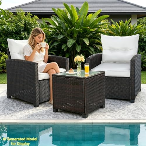 3 PCS Patio Wicker Conversation Set Sofa Table Set White Cushion - Image 7