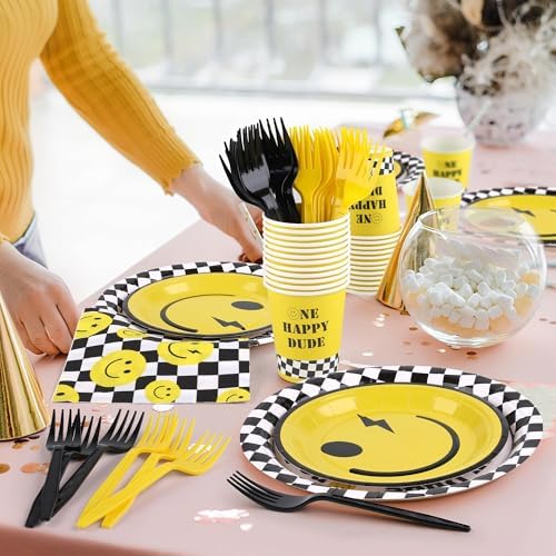 Kochorie 144 Pieces One Happy Dude Party Tableware Sets including Disposable Plates Napkins Cups Forks Serves 24 for Smiley Face 1st Birthday Preppy Party Decorations - Image 5