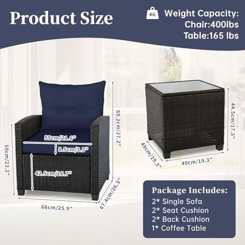 3 PCS Patio Wicker Conversation Set Sofa Table Dark Blue Cushion - Image 4