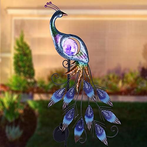 TERESA'S COLLECTIONS Yard Decorations Outdoor for Garden Decor, Peacock Solar Outdoor Lights, 35.4'' Metal Lawn Ornaments for Outside with Crackle Glass Ball, Decorative Stake Gifts for Mom - Image 2