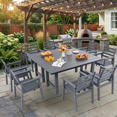 10-Piece Outdoor Dining Set, All-Weather HDPE Patio Furniture, Two 66.5" Slatted Table with 1.6" Umbrella Hole & 8 Ergonomic Armchairs, Heavy Duty 350lbs Capacity, UV Resistant, Gray - Image 6