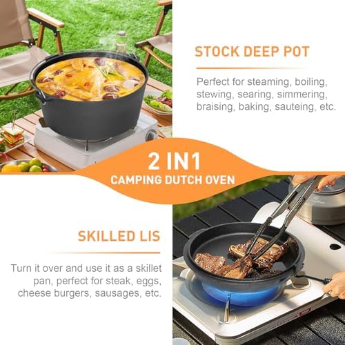 Camping Dutch Oven, 9 Qt Pre-Seasoned Cast Iron Camp Dutch Oven Pot with Lid - Lid Lifter, Cast Iron Dutch Oven with Metal Handle for Cooking BBQ Baking Campfire Modern Black - Image 5