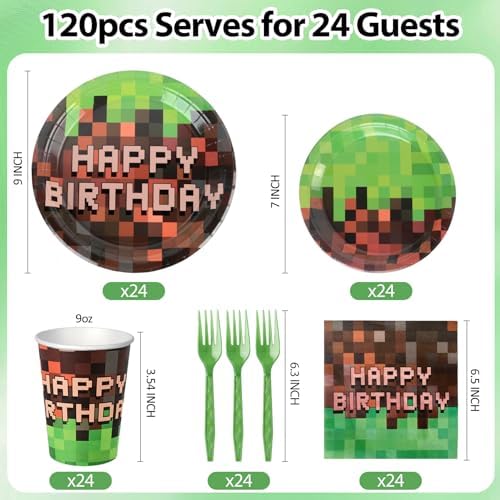 120Pcs Pixel Birthday Plates and Napkins,Pixel Theme Party Decorations,Includes 9&7inch Paper Plates Cups Napkins Forks Party Supplies for Video Game Pixel Party Decorations, Serve 24 - Image 3