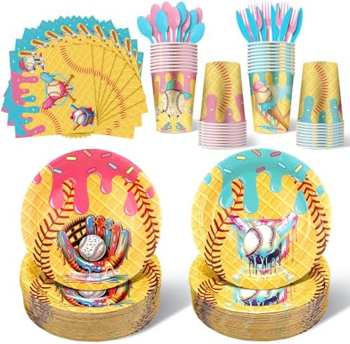 FoldTier 175 Pcs Ice Cream Drip Baseball Birthday Party Decorations Set Ice Cream Paper Plates Napkins Fork Set Disposable Fairy Tableware Decorations Supplies for Baby Shower Dinner Serves 25 by FoldTier