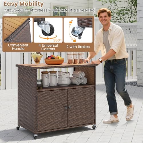 Tangkula Rattan Outdoor Storage Cabinet with 4 Wheels (Mix Gray) - Image 7