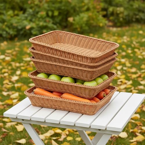 5 Pack 15.8 Inch Large Wicker Bread Baskets, Brown Woven Serving Basket Trays for Food, Bread, Fruits, Vegetables, Snacks - PVC Rattan Display for Restaurant & Home - Image 5