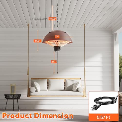 Danluke Outdoor Electric Patio Heater, 1500W Infrared Hanging Heater, Ceiling Mounted Carbon Fiber Heater for Patio, Porch, Garage and Balcony, Brown - Image 4