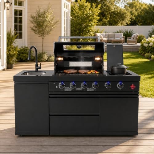 65" Modular Outdoor Kitchen Island,4-Burner 72,000 BTU Stainless Steel Propane Grill with Side Burner,Infrared Burner,Sink,and Granite Countertop.Gas Grill for Backyard & Patio BBQ. by Unknown