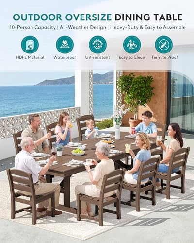 SERWALL 9Pcs 84" HDPE Outdoor Dining Set for 8 with Armless Chairs,Brown - Image 5