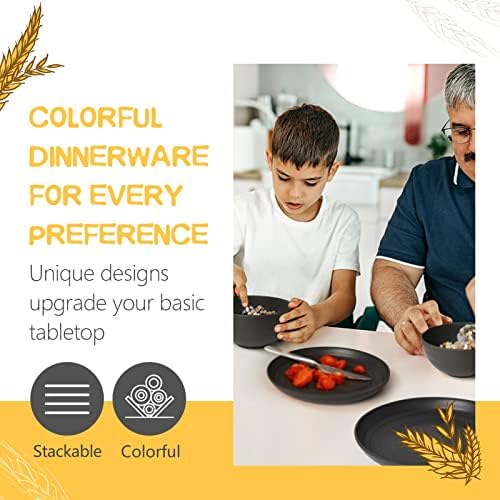 Teivio 16-Piece Kitchen Plastic Wheat Straw Dinnerware Set, Service for 4, Dinner Plates, Dessert Plate, Cereal Bowls, Cups, Unbreakable Plastic Outdoor Camping Dishes, Black - Image 3