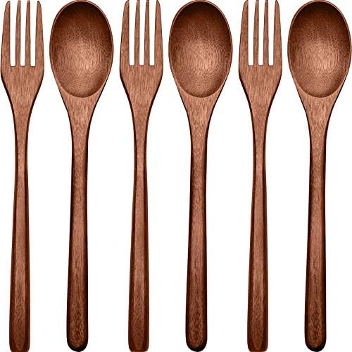 Patelai 6 Pieces Wooden Spoons Forks Set Wooden Utensils for Eating by Patelai