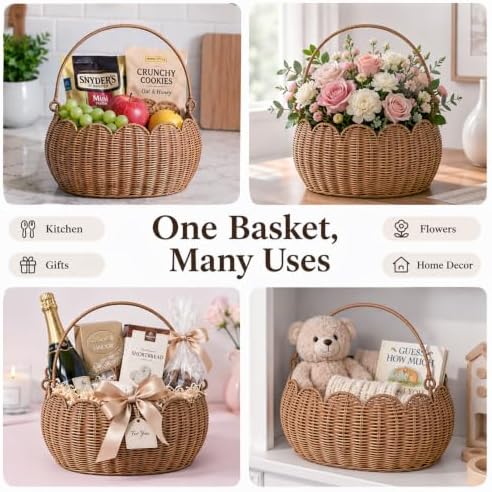 Large Wicker Picnic Basket, Handwoven Garden Harvest Basket for Gathering Vegetables Flowers Fruits, Woven Rattan Style Basket with Handles for Picnic Outdoor Storage Gardening Organization - Image 5