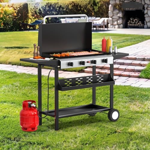 Bonnlo 40000BTU Propane Griddle with Lid and Ignition, Standing Flat Top Gas Grill with Storage Shelf and Portable Rolling Wheels, 4 Burner Camping Cooker for Patio Backyard Outdoor Cooking BBQ - Image 7