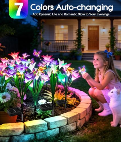 KOOPER Solar Lights Outdoor Garden Decor 8 Pack, 32 Lily Flowers and 24 Swaying Butterflies, IP65 Waterproof 7 Color Changing Solar Flower Lights for Yard Patio Pathway, Gifts for Mom Women Grandma - Image 2