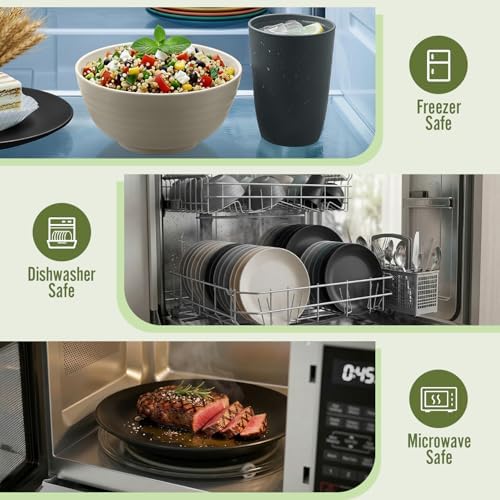Wheat Straw Dinnerware Sets 40 PCS - Unbreakable Plates and Bowls Sets for 8,Party Kitchen Camping RV Dishwasher & Microwave Safe Modern Lightweight Dishware Sets - Black Grey - Image 6