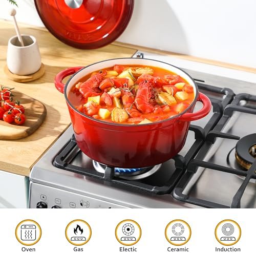Velaze 7.5 QT Enameled Cast Iron Dutch Oven Pot with Lid,Red - Image 6