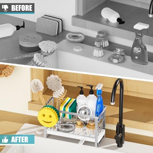 Sponge Holder for Kitchen Sink with Flexible Sink Caddy Smiley Face,2 Tier Kitchen Sink Organizer Countertop and Storage Essentials,Soap Dispenser Organize,Home Decor Accessories-Silver - Image 6