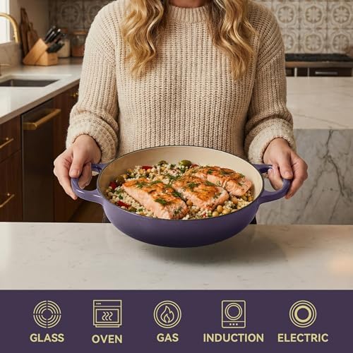3 Quart Enameled Cast Iron Braiser, Non Stick Enameled Cast Iron Skillet with Lid, Dutch Oven Skillet with lid up to 500°F for Oven, Stove, Grill, Shallow Dutch Oven for Cook, Bake (Purple) - Image 3