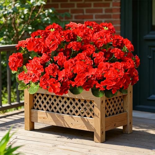 Fake Outdoor Flowers, 6 Pcs Artificial Flowers for Outdoors, Red Artificial Geraniums Plastic Flowers, Fake Plant for Outside, Silk Faux Flowers Outdoor Planters UV Resistant for Front Porch - Image 5