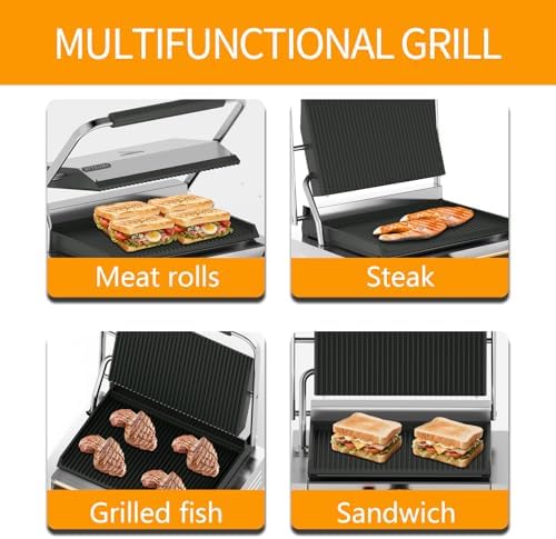 Commercial Panini Press - 2200W Commercial Panini Press Grill w/ 14"x9" Cooking Pan & Adjustable Temp, Commercial Sandwich Press w/Nonstick Coating, Removable Drip Tray, Double-sided Heating - Image 4