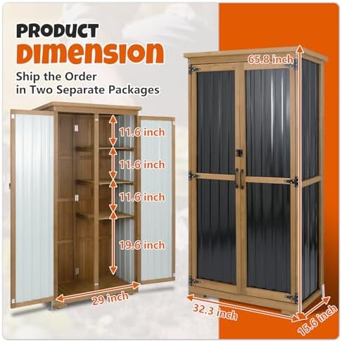 Outdoor Storage Cabinet with Shelves, Wood & Metal Storage Shed with Weatherproof Roof, Lockable Doors, Adjustable Feet, Outside Storage Cabinet for Garage, Patio (15.6" D x 32.3" W x 65.8" H) - Image 5