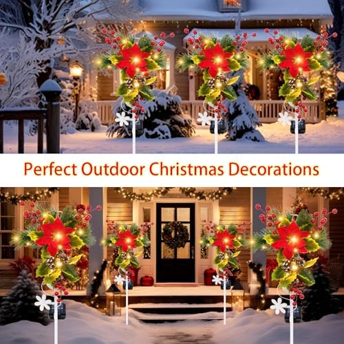 4 Pack Solar Christmas Decorations Outdoor, 32 Inch Solar Christmas Cross Stake Lights, Waterproof Grave Decorations with Poinsettia Flower Pinecones Red Berries for Garden Yard Patio Lawn Cemetery - Image 5