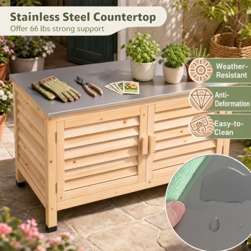 Goplus Patio Storage Cabinet, 2-Door Console Table (Natural) - Image 5