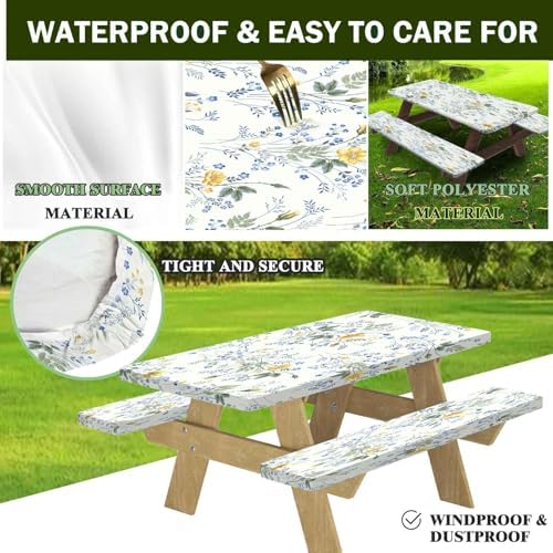 CAPSCEOLL Picnic Table Cover with Bench Covers 5ft - Blue Yellow Flowers - Image 4